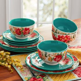 Floral 12-Piece Dinnerware Set (Color: Teal)